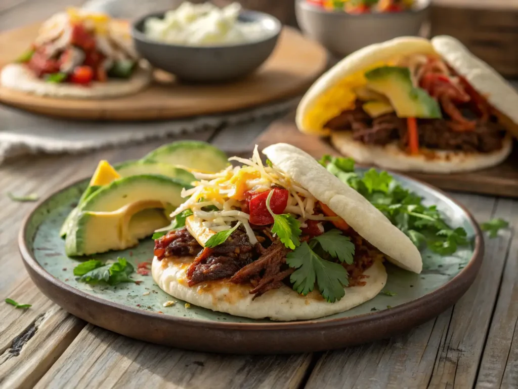 Homemade arepas with essential ingredients on a modern kitchen countertop