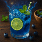 A clear glass of blue salt water with lemon, next to a bowl of Persian blue salt, styled on a neutral cloth.