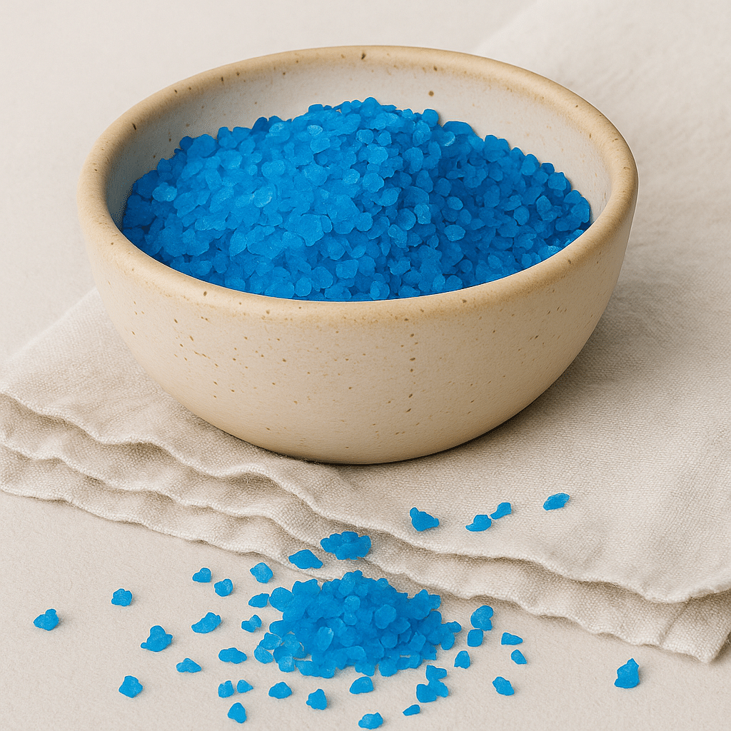 A close-up of Persian blue salt crystals in a beige ceramic bowl on a linen cloth. Title Tag: Persian Blue Salt for the Blue Salt Trick Recipe