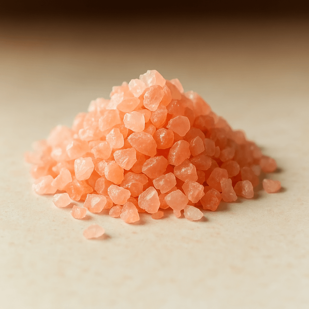 A close-up image of coarse pink Himalayan salt crystals on a smooth surface, used in detox drinks and weight loss recipes