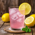 Pink salt weight loss recipe drink with lemon, apple cider vinegar, and Himalayan salt in a glass on a kitchen table