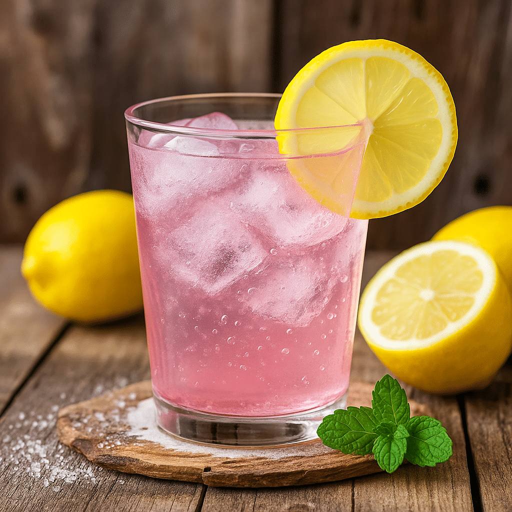 Pink salt weight loss recipe drink with lemon, apple cider vinegar, and Himalayan salt in a glass on a kitchen table