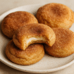 Churro cheesecake cookies with cinnamon sugar and creamy filling on a plate.