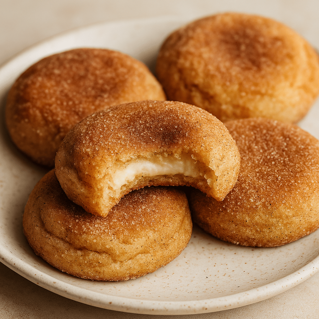 Churro cheesecake cookies with cinnamon sugar and creamy filling on a plate.
