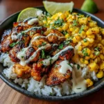 Assembling a street corn chicken rice bowl with layers of rice, chicken, and creamy corn