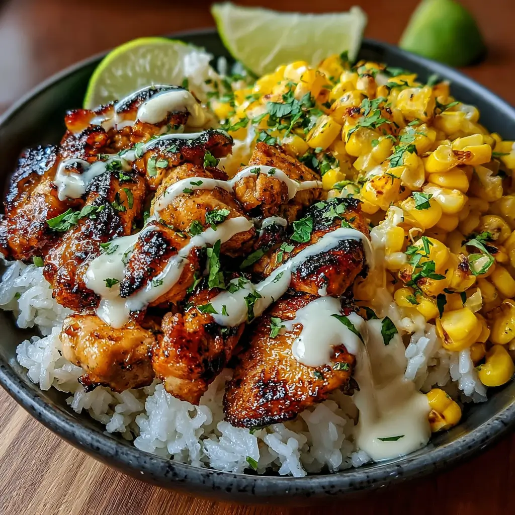 Assembling a street corn chicken rice bowl with layers of rice, chicken, and creamy corn