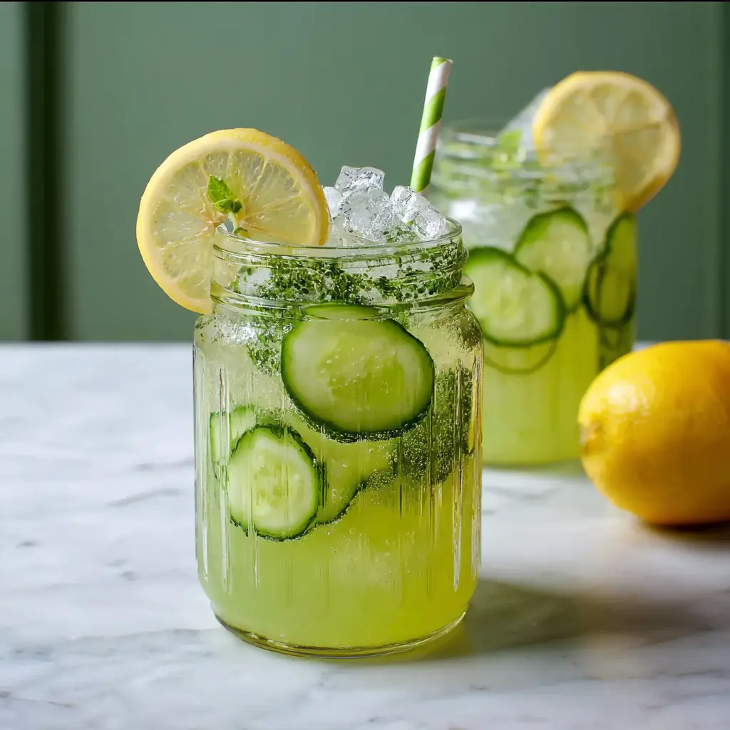 A glass pitcher filled with cucumber lemonade, surrounded by lemons, cucumbers, and mint