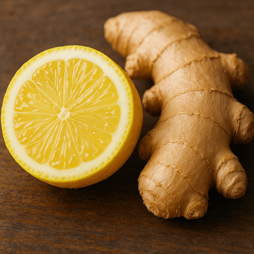 Close-up of fresh ginger root and lemon half on wooden surface