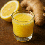 Mounjaro ginger lemon shot in a glass with fresh ginger and lemon