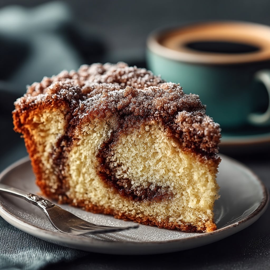 Slice of cinnamon nutmeg coffee cake with a coffee mug
